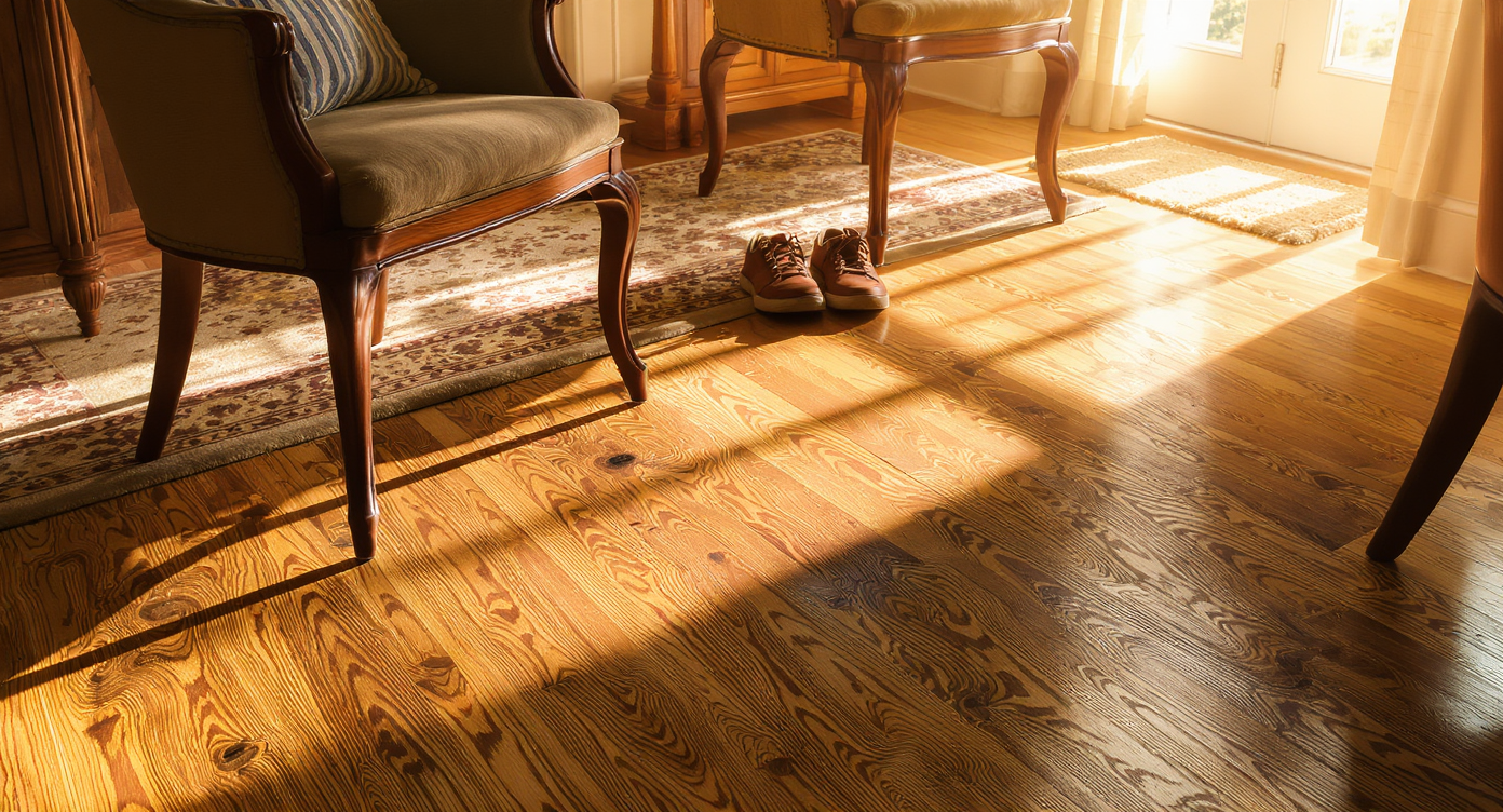 Detailed view of an oak or hickory hardwood floor in an entryway showing scratches, dents, an area rug, and furniture, highlighting real-life wear.