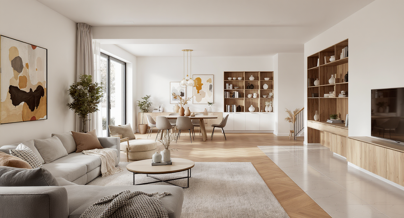 Open-plan living and dining area with subtle zoning: a rug defines the living space, different flooring marks the dining area, and a half-wall shelves edge an office nook.