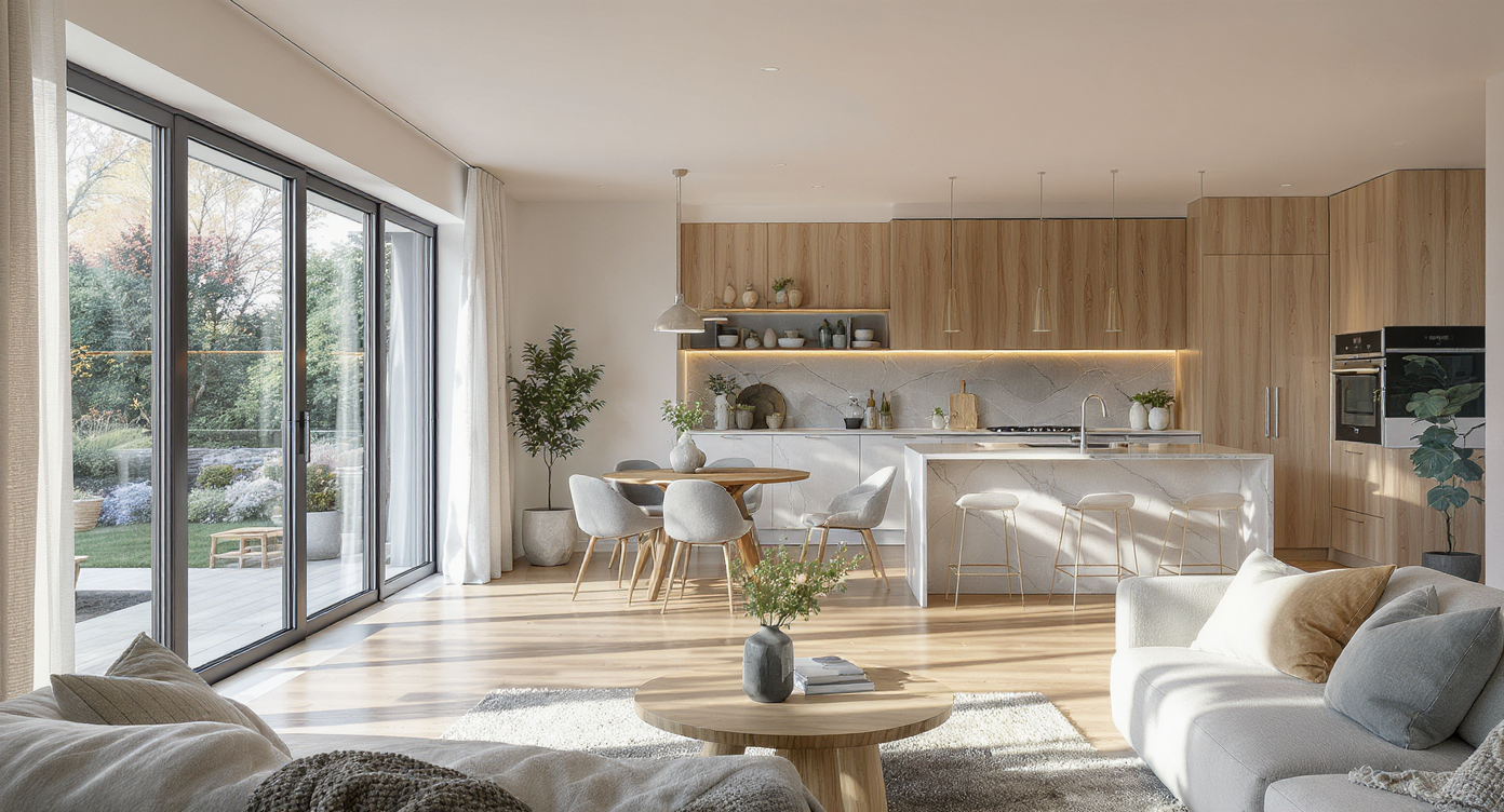 A sunlit, open-plan living space in a modern one-story home, showcasing seamless transitions between living, dining, and kitchen areas.