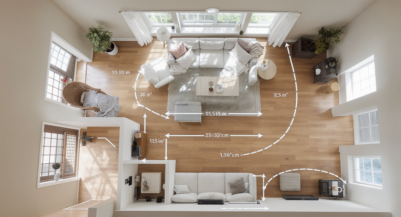 A photorealistic overhead view of a one-story home interior highlighting wide, unobstructed walkways between rooms and around furniture arrangements.