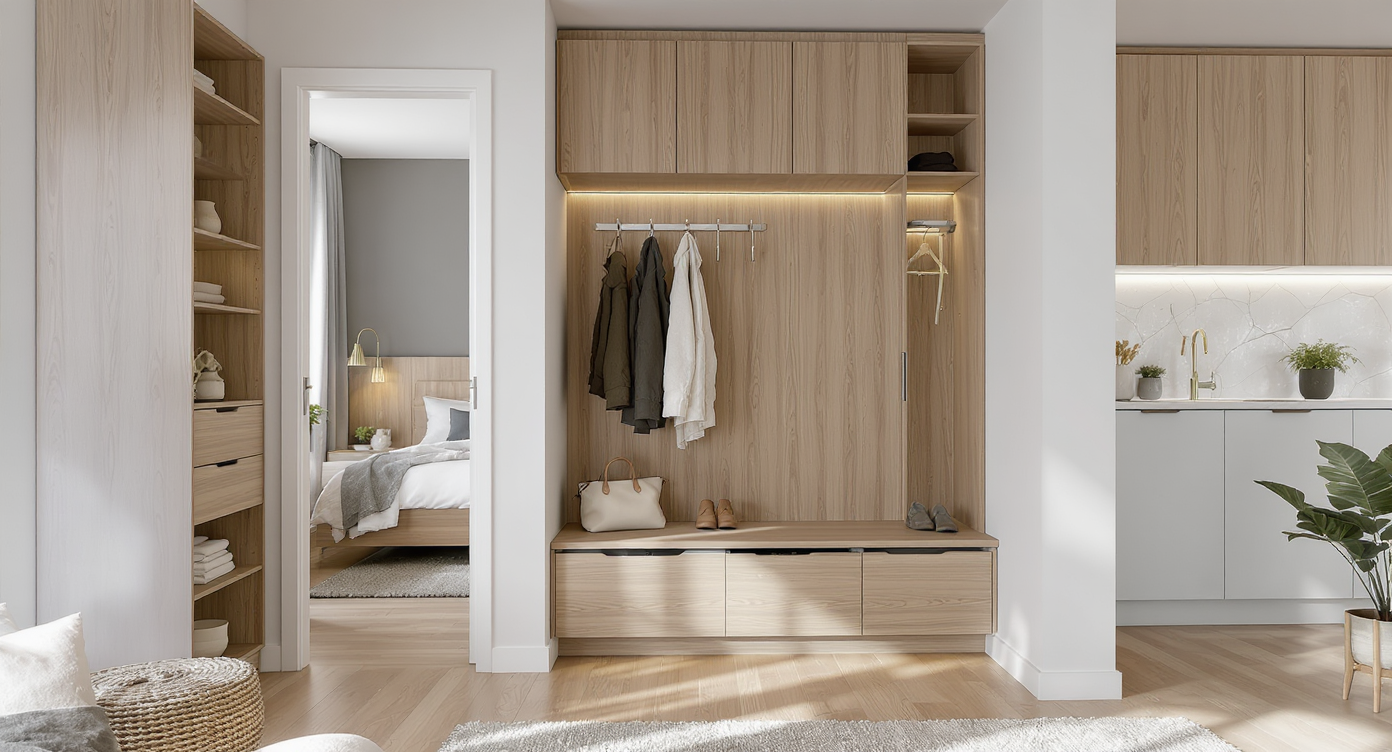 Entryway and living area of a one-story home featuring a built-in bench with drawers, vertical coat storage, and kitchen with pantry.