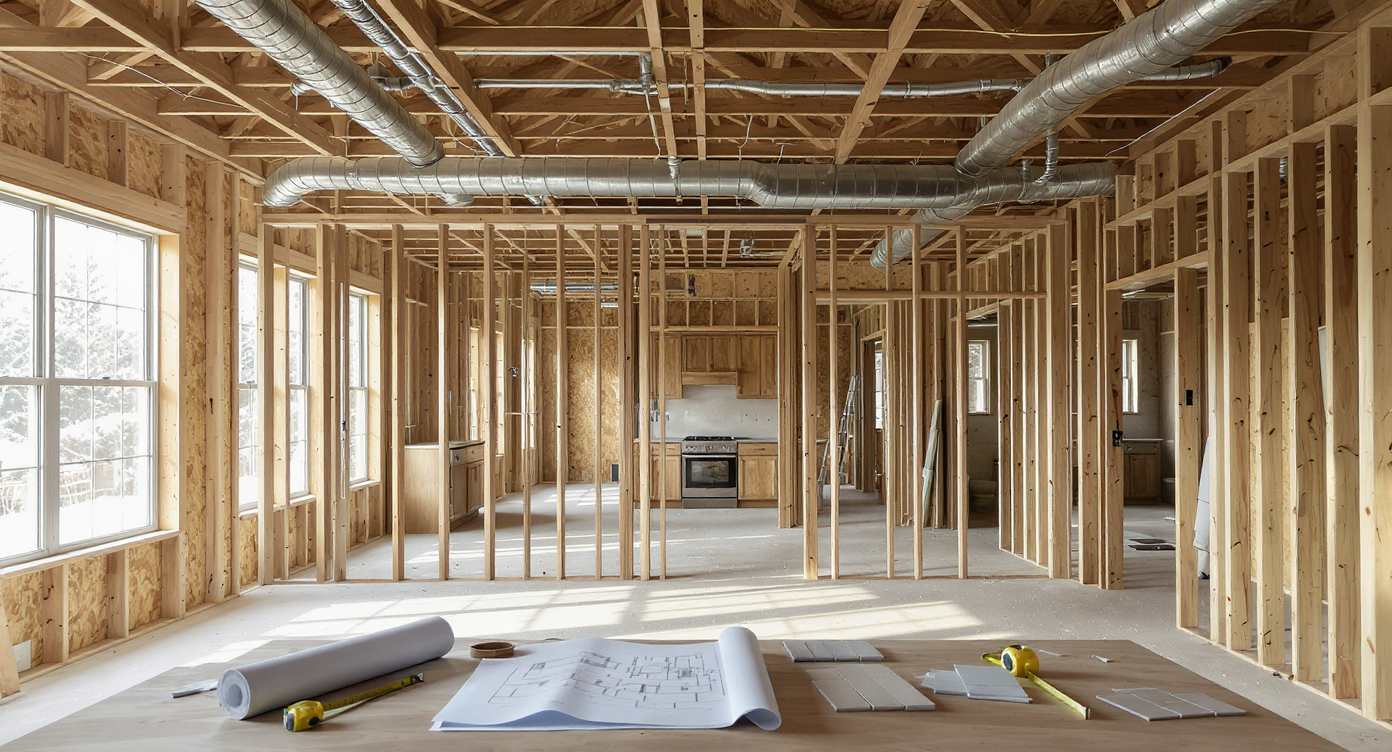 Highly realistic unfinished single-story home interior with open framing, blueprints on a work table, and visible layout challenges in focus.