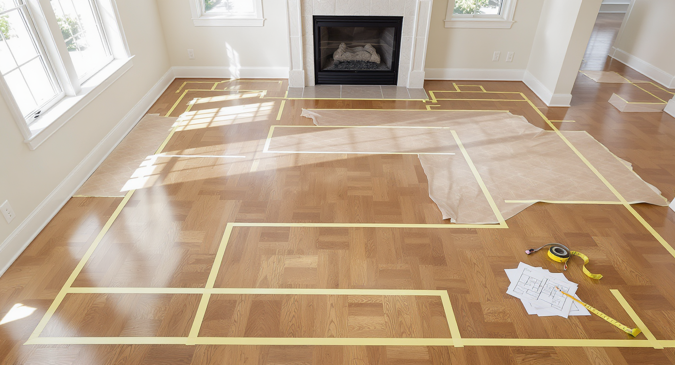 Unfurnished living room with blue painter's tape on hardwood floor marking furniture placement and clear walking paths, daytime lighting.