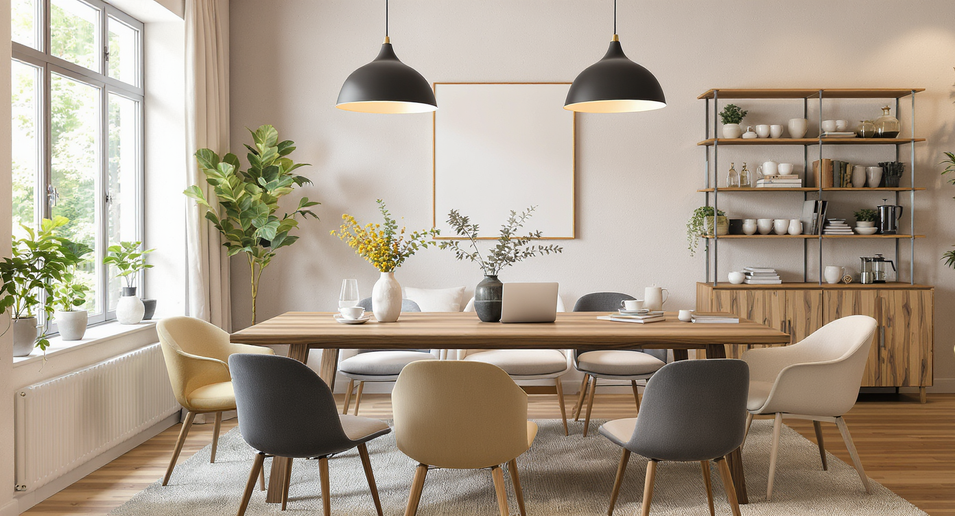 A sunlit dining room styled like a cozy coffee shop, with a large wooden table, eclectic chairs, study materials, and coffee accessories, no people present.