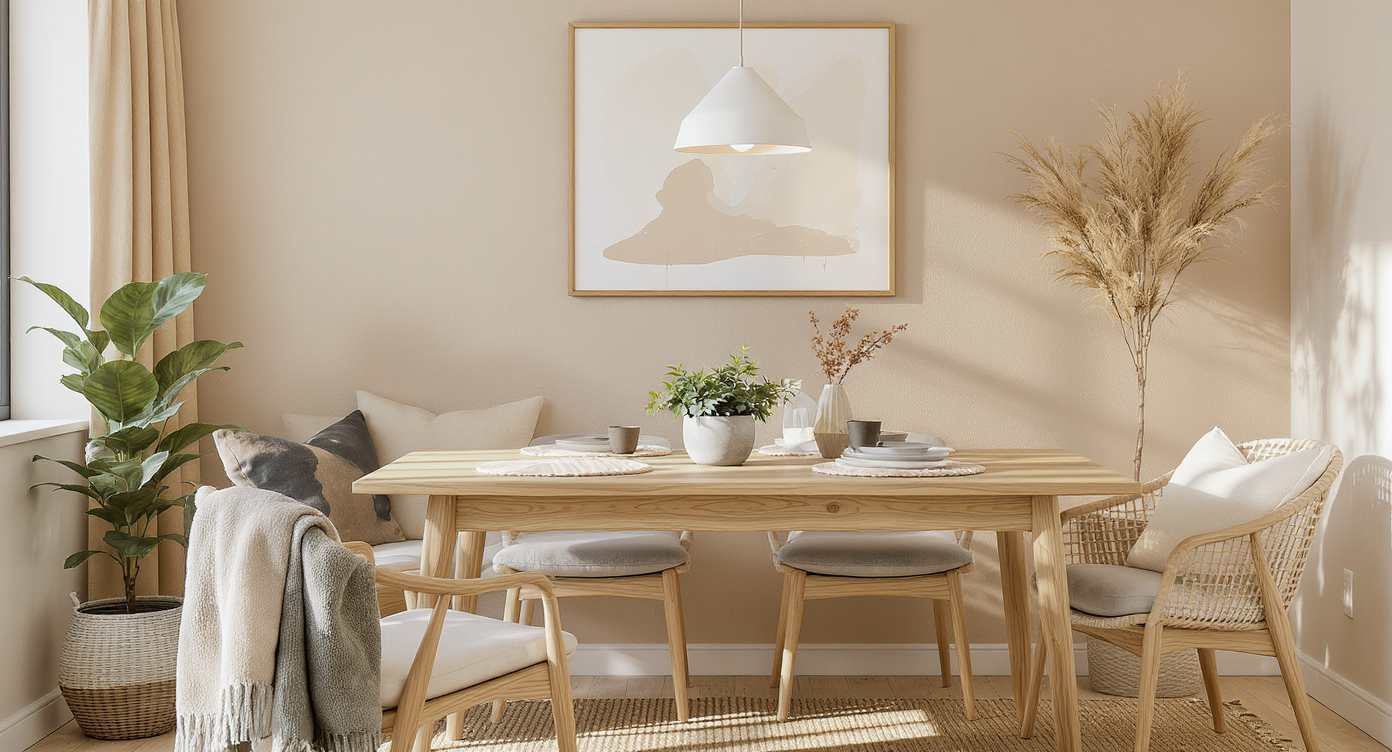 A cozy dining nook with a white oak table, leafy plant centerpiece, felt placemats, upholstered cushions, and a soft throw, exuding tactile warmth.