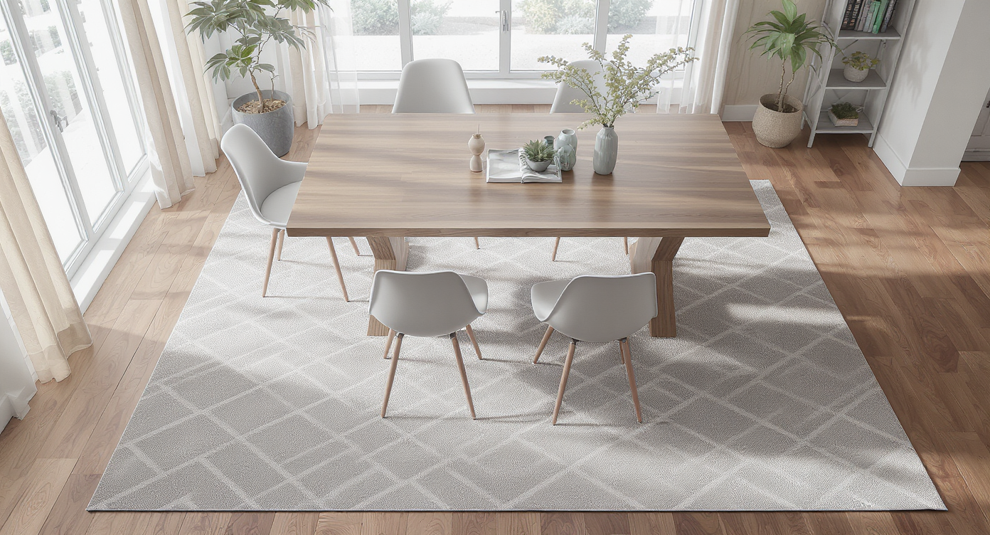 A modern dining set sits on a large, low-pile patterned rug that fully anchors the table and chairs over hardwood floors in natural light.