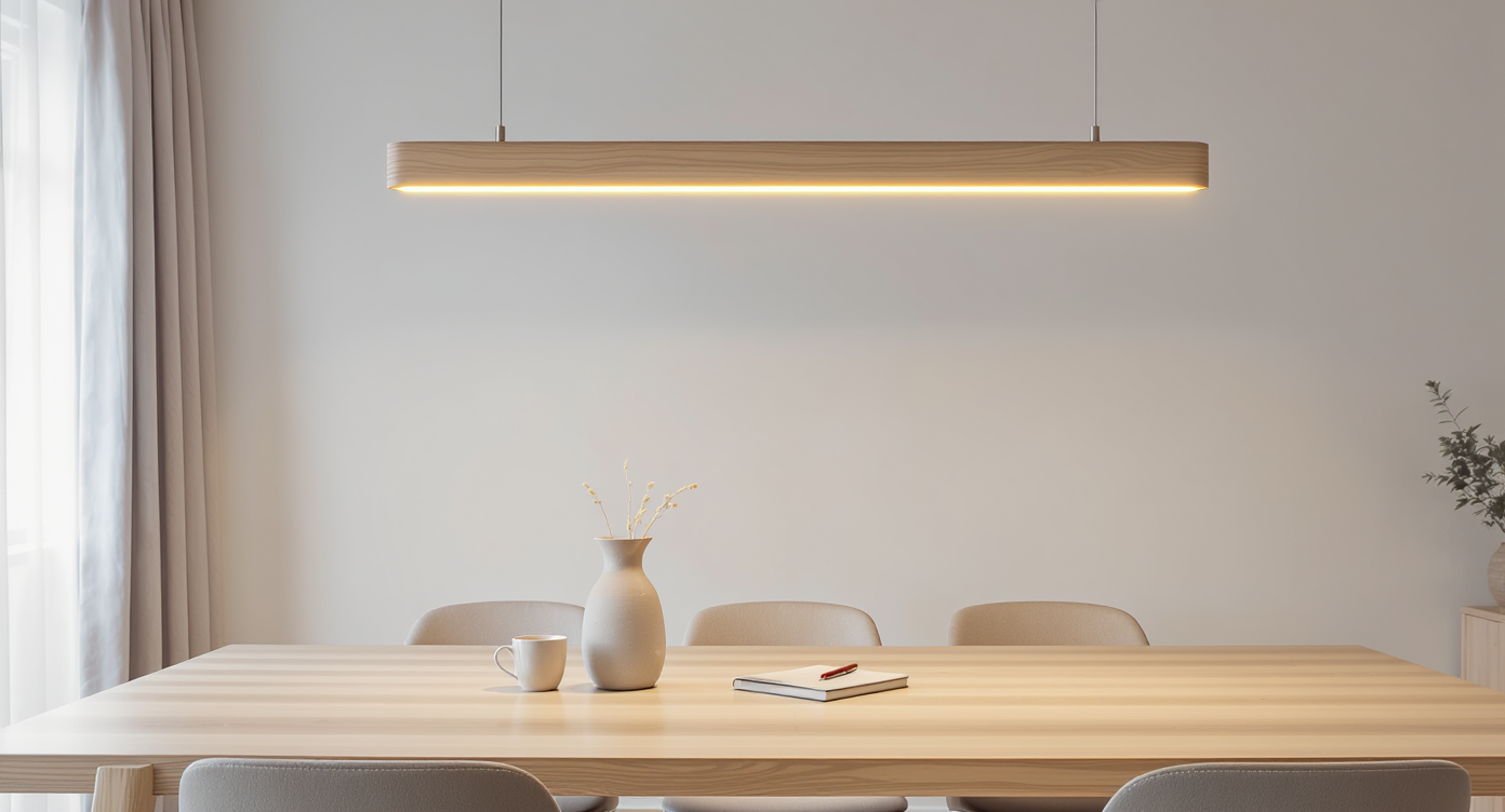 Photorealistic dining room with a wooden table under a linear wood LED pendant light emitting adjustable, warm, even illumination for comfort.