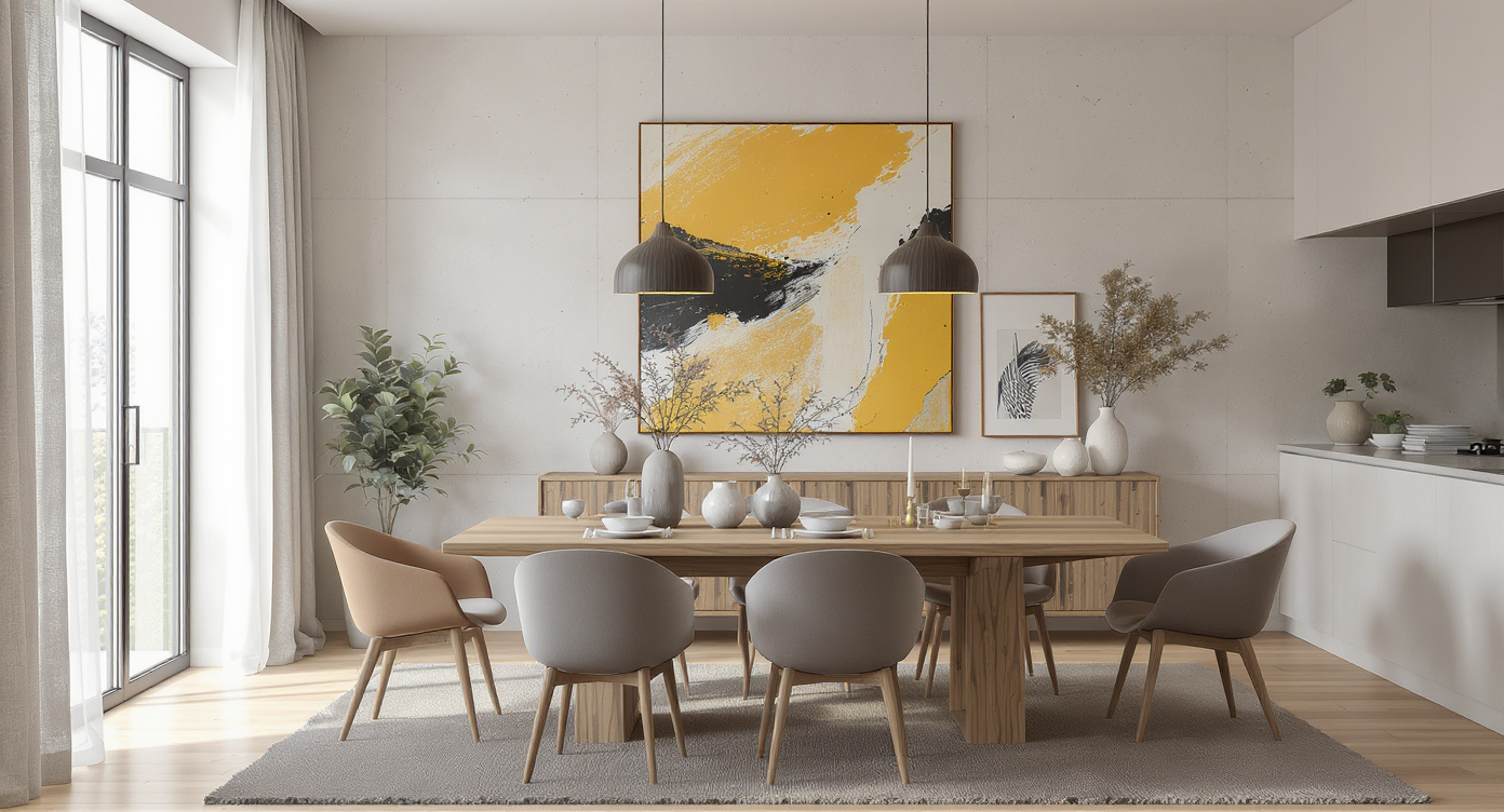 Photorealistic modern dining room with a wooden table, mix of chairs, and a bold statement art piece anchoring the wall above the table.