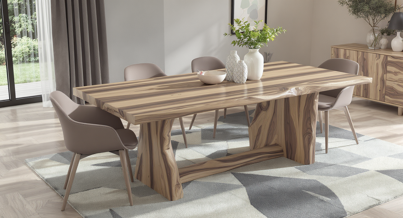 A minimalist dining space with a natural wood table, soft beige walls, and greenery, highlighting how neutral palettes create serene, versatile interiors.