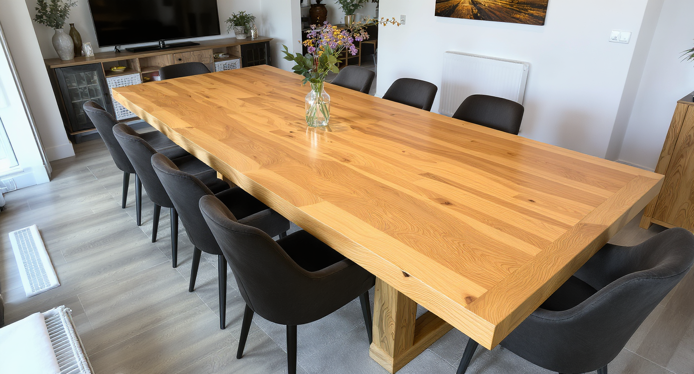 Wide oak communal dining table in a sunlit modern dining room, set with books, a coffee cup, greenery, and minimalist chairs—no people present.