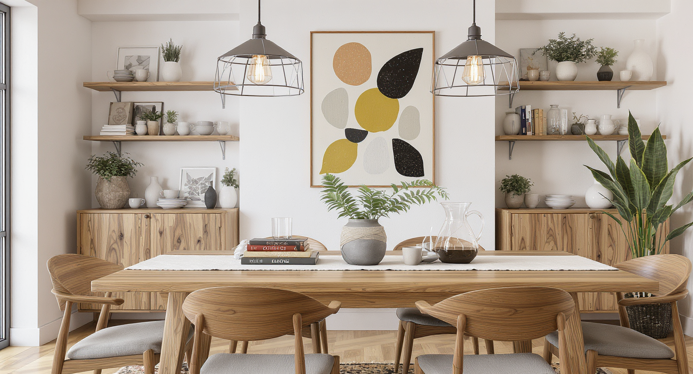 Photorealistic home dining area inspired by coffee shop study zones, with mixed seating, natural light, potted plants, and warm minimalist decor.