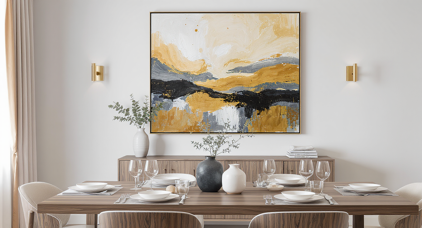 Contemporary dining area with large wall art, flanked by sconces, a slim oak sideboard below, and a set dining table in natural light.
