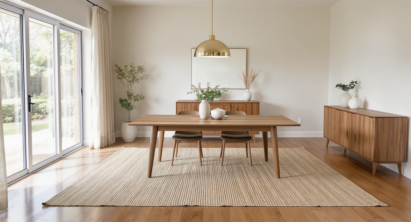 A modern dining area with a central rectangular table on a large rug, ample space around chairs, a slim sideboard, and balanced furniture placement.