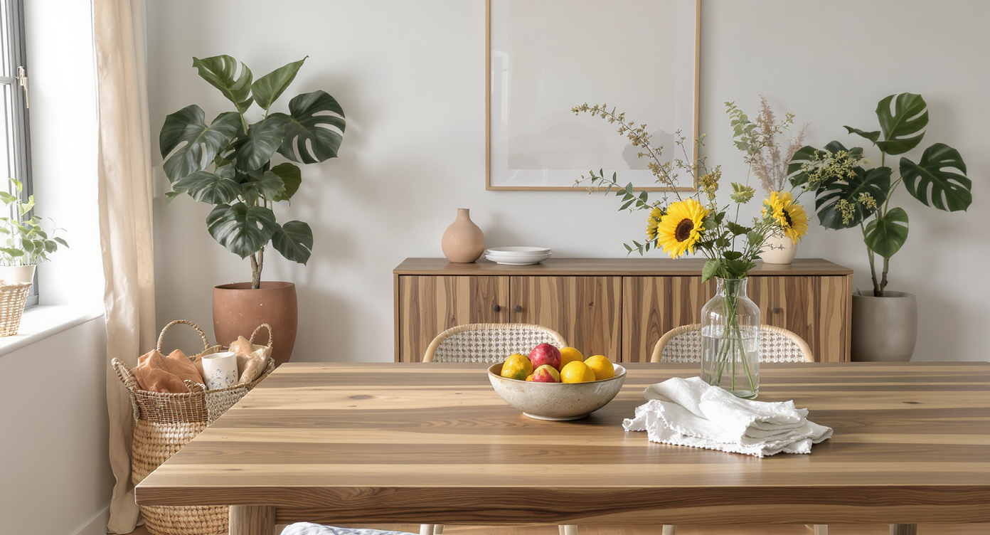 A cozy dining area features a wooden table with fresh flowers, ceramics, linen napkins, potted plants, and unique curated accents.