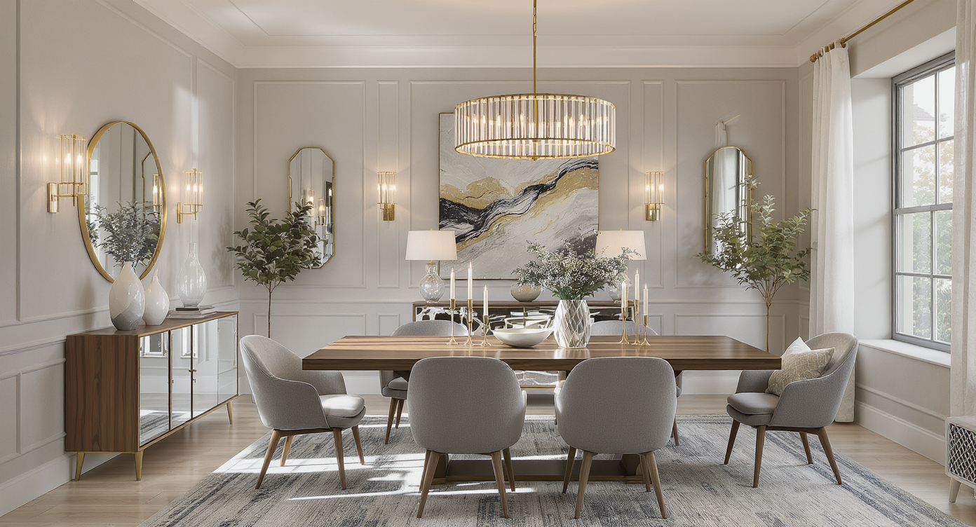 Editorial-quality dining room scene with a perfectly sized chandelier above a table, sconces, buffet lamps, mirrors, and candles layered for light.