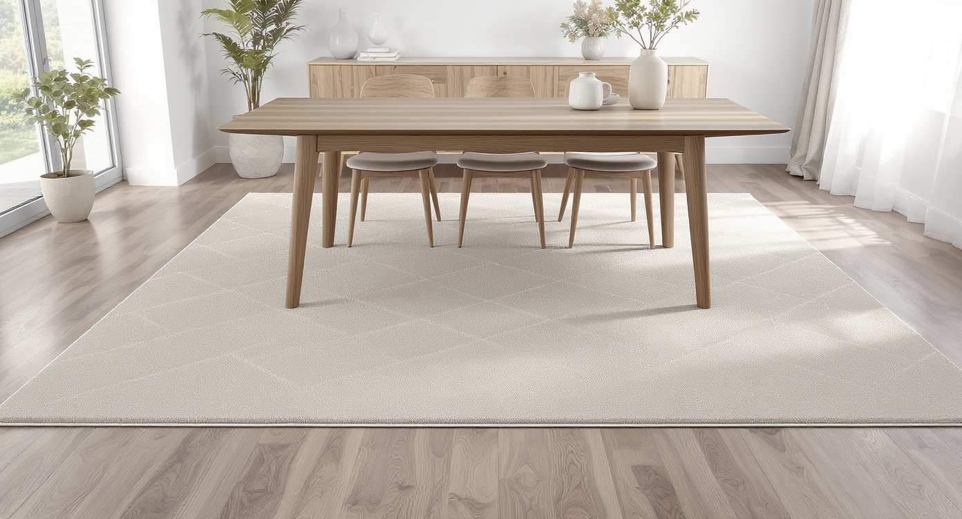 Modern dining table and chairs arranged on a large, neutral wool rug, extending past the chairs for proper fitting atop hardwood flooring.
