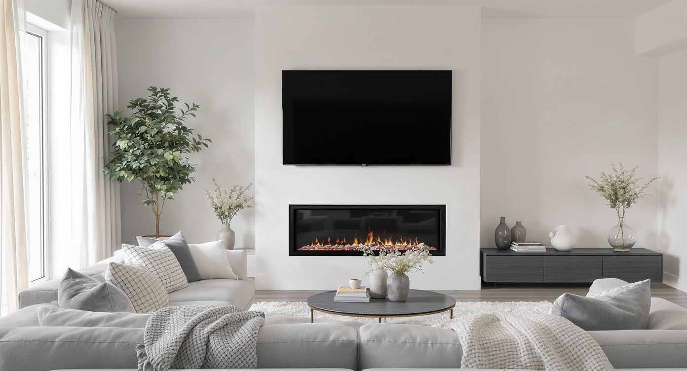 Modern living room showing a TV mounted too high above a fireplace, with carefully arranged furniture providing a realistic solution.