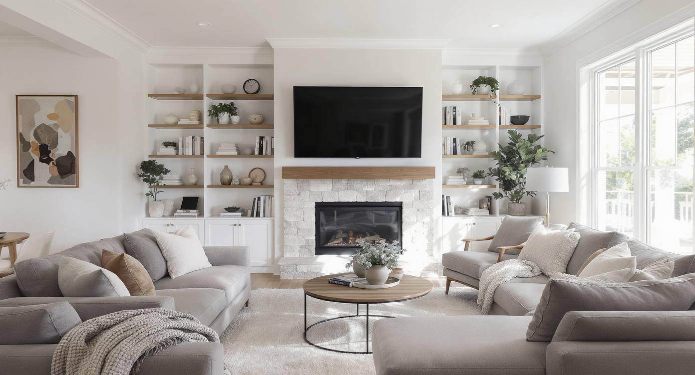 Elegant living room showing TV on pull-down mount above fireplace, modular shelving, movable sofa, swivel chair, and clear walkways, no people.