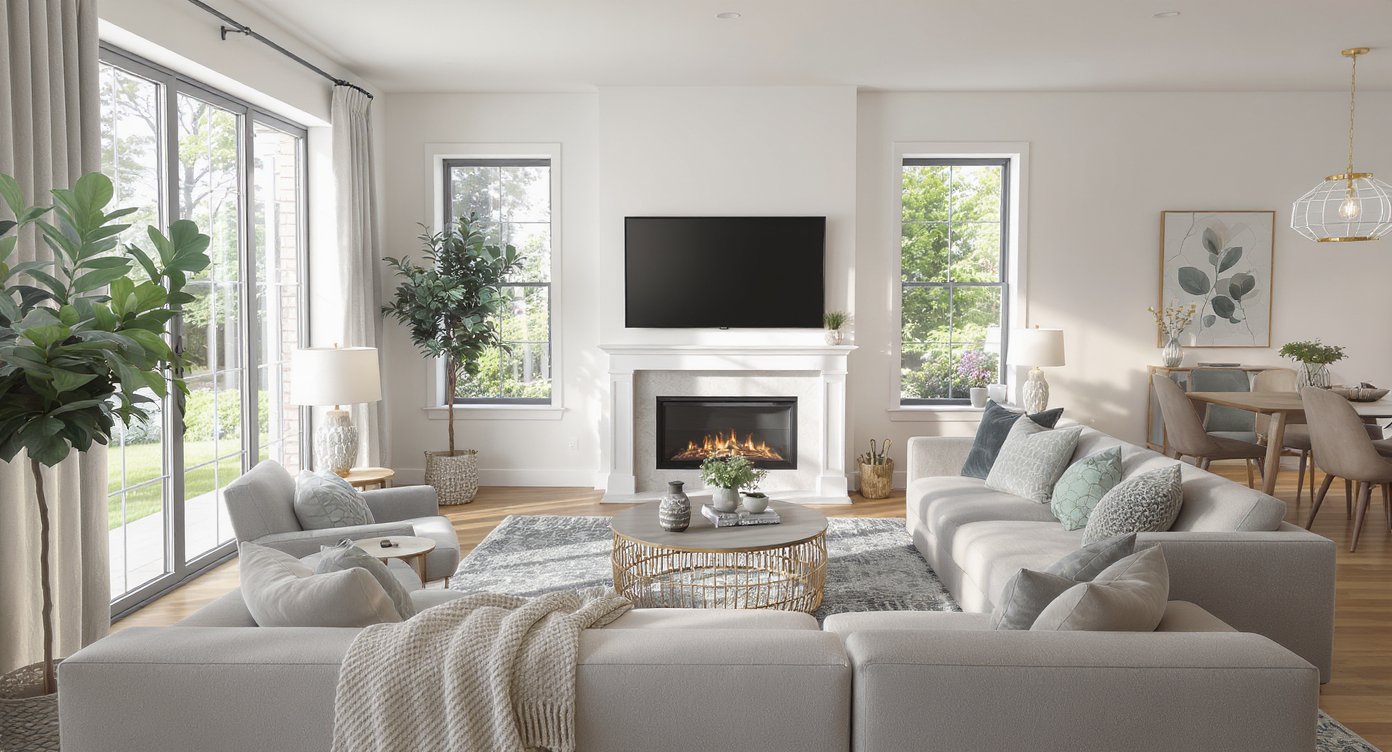 A bright living room with a sectional sofa facing a TV on a media console, fireplace and windows as secondary focal points, and distinct seating zones.