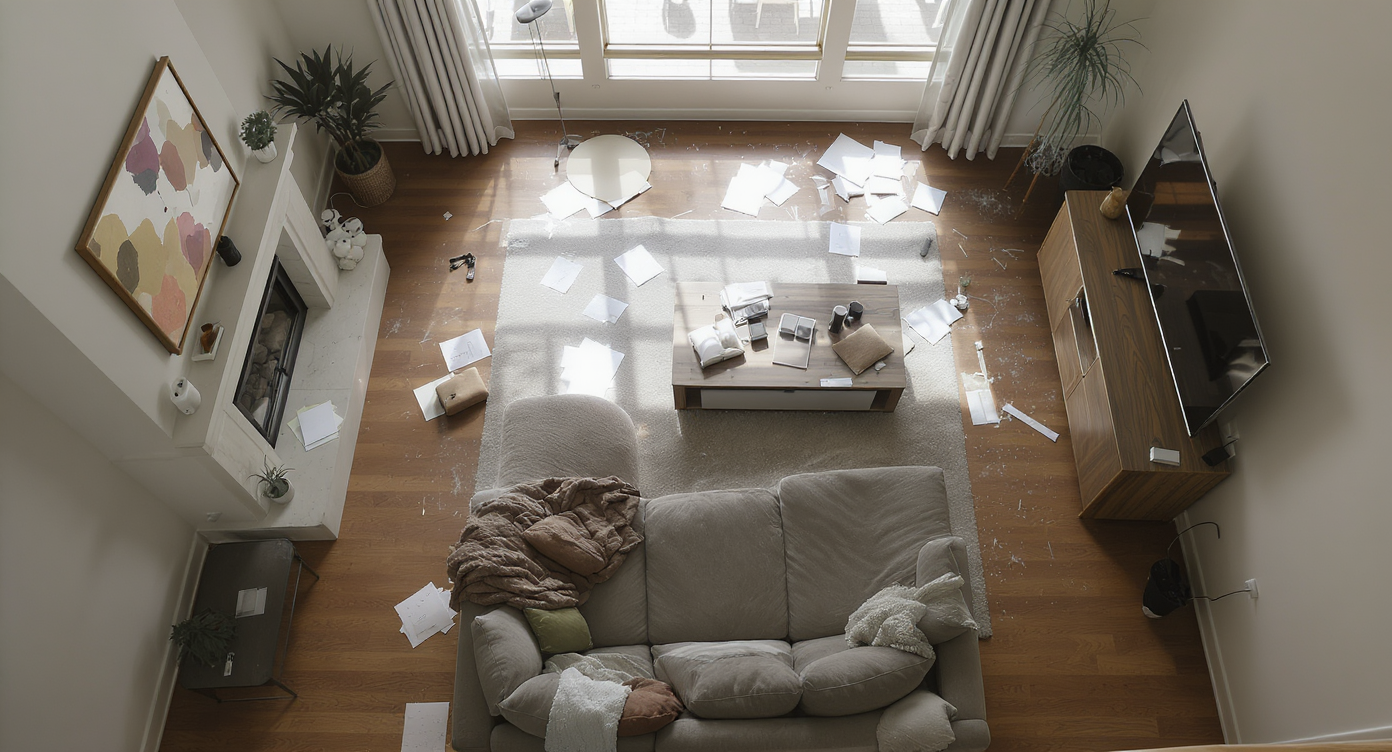 Modern living room with sofa partially moved, visible outlines on hardwood, rearranged chairs, architectural features, and hand-drawn floor plans.