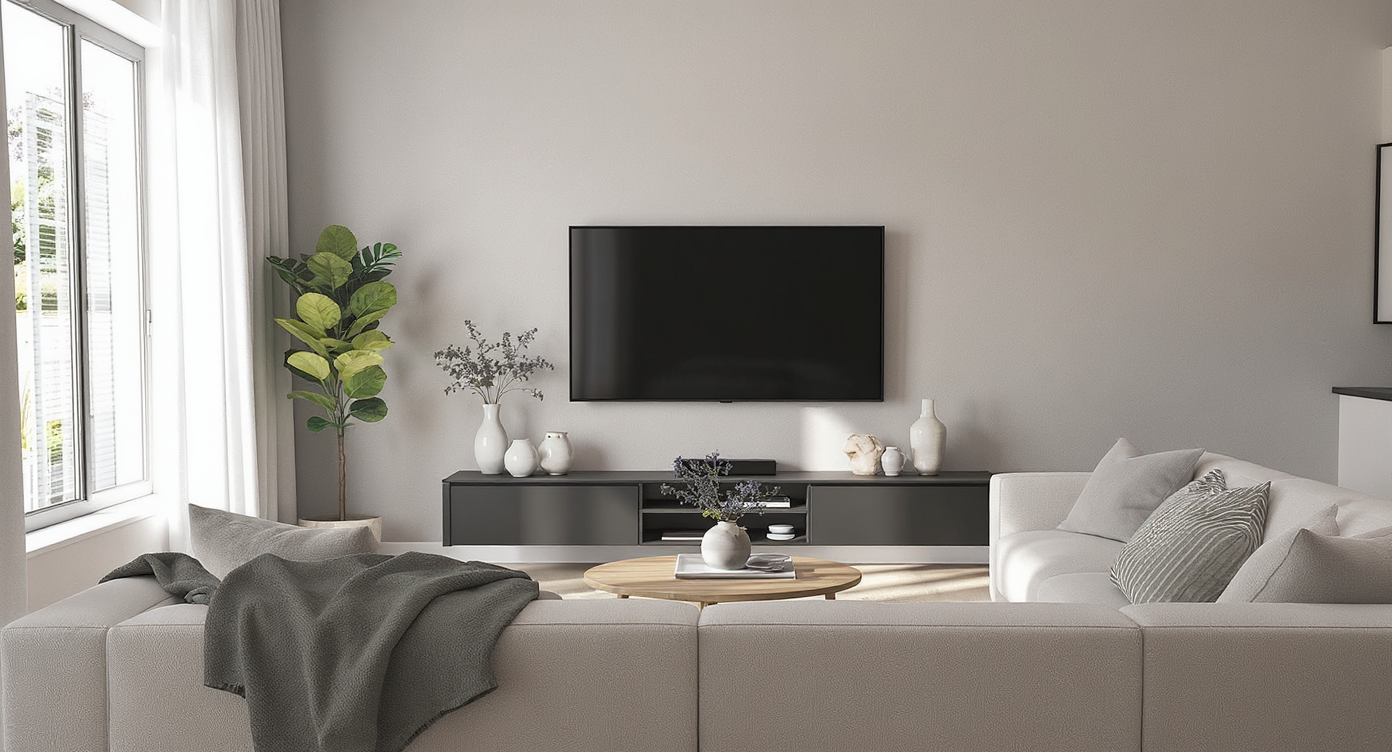 Modern living room with wall-mounted TV centered at about 44 inches from the floor, positioned for comfortable eye-level viewing from a sofa.
