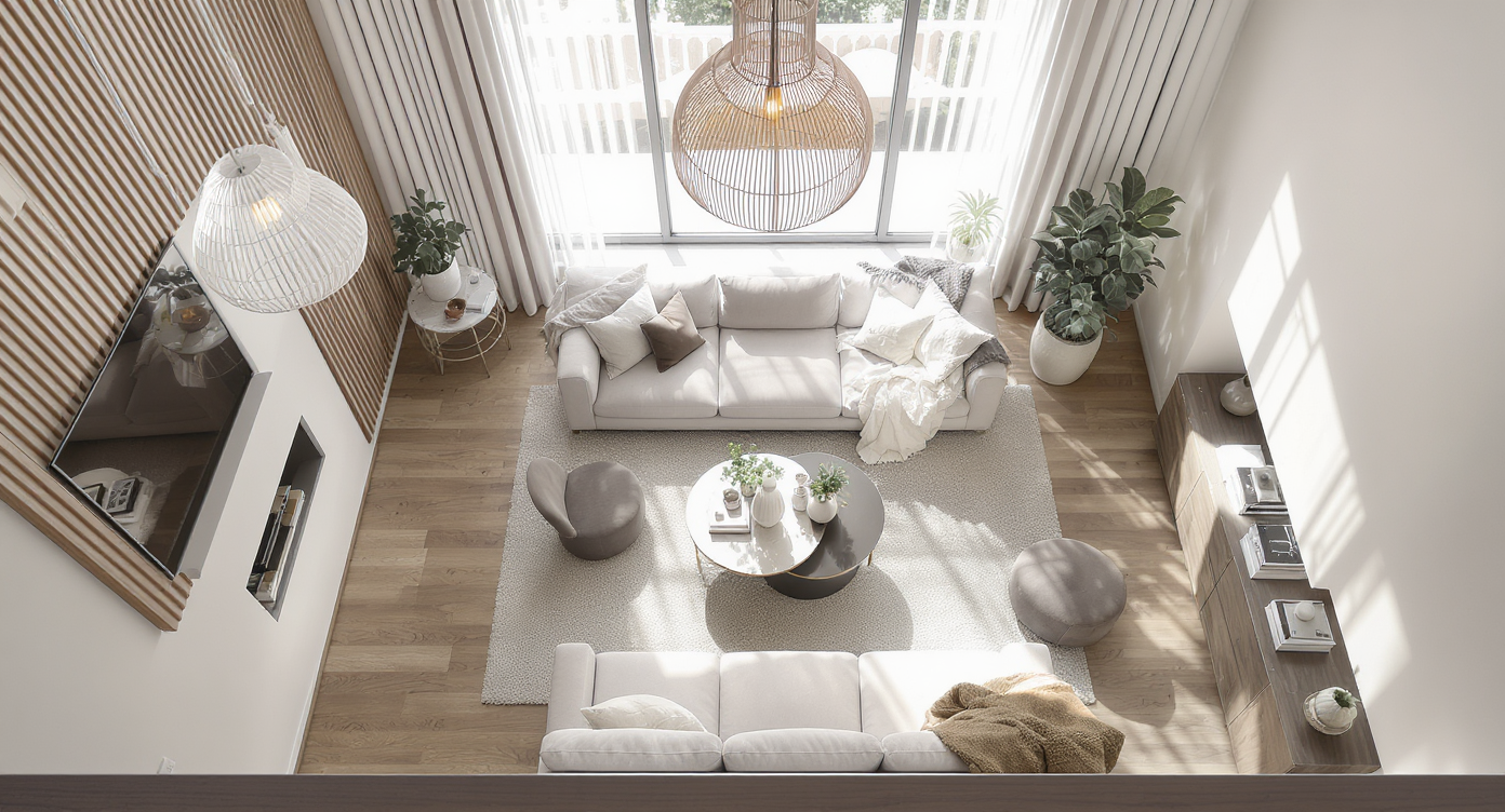 A photorealistic living room displays furniture and a TV previewed in multiple positions using digital visualization tools, no people shown.