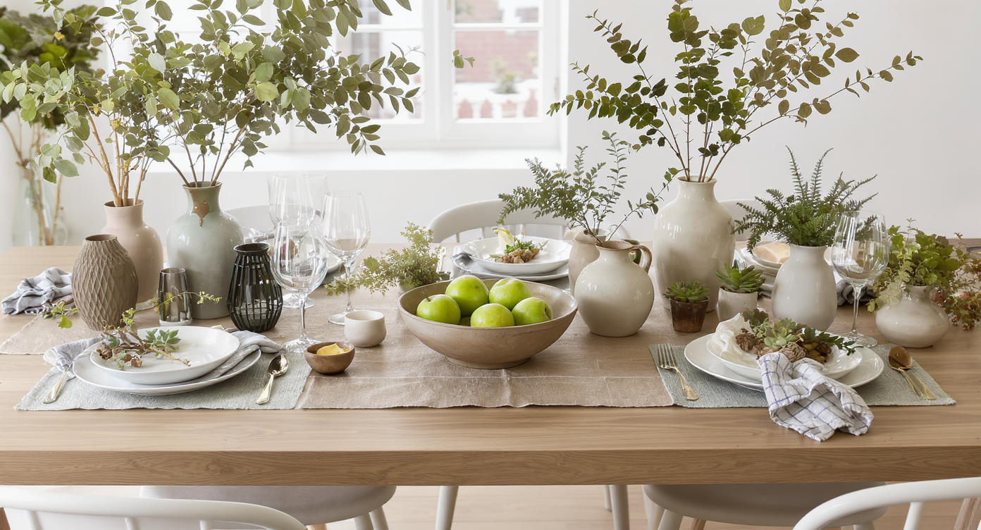 Dining table styled with a low clay bowl of fruit, mismatched vases, and small potted plants as a unique, welcoming centerpiece arrangement.
