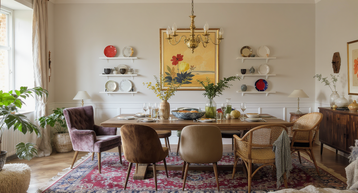 Dining room with rearranged furniture, older rug and chandelier, and a laptop showing a room virtual plan, demonstrating creative restyling.