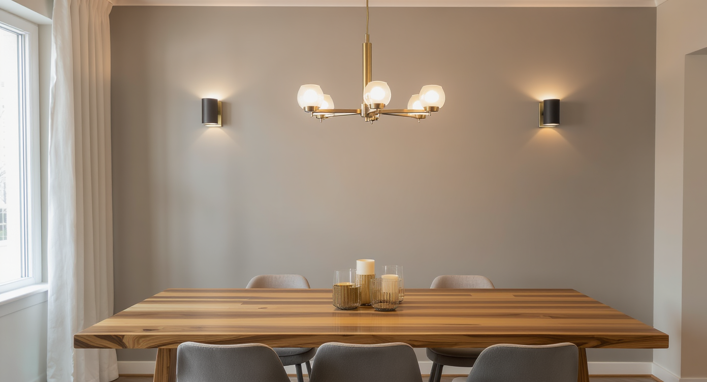 A photorealistic dining room showing a raised chandelier above a wooden table, with diffused lighting, sconces, and candlelight softening the atmosphere.
