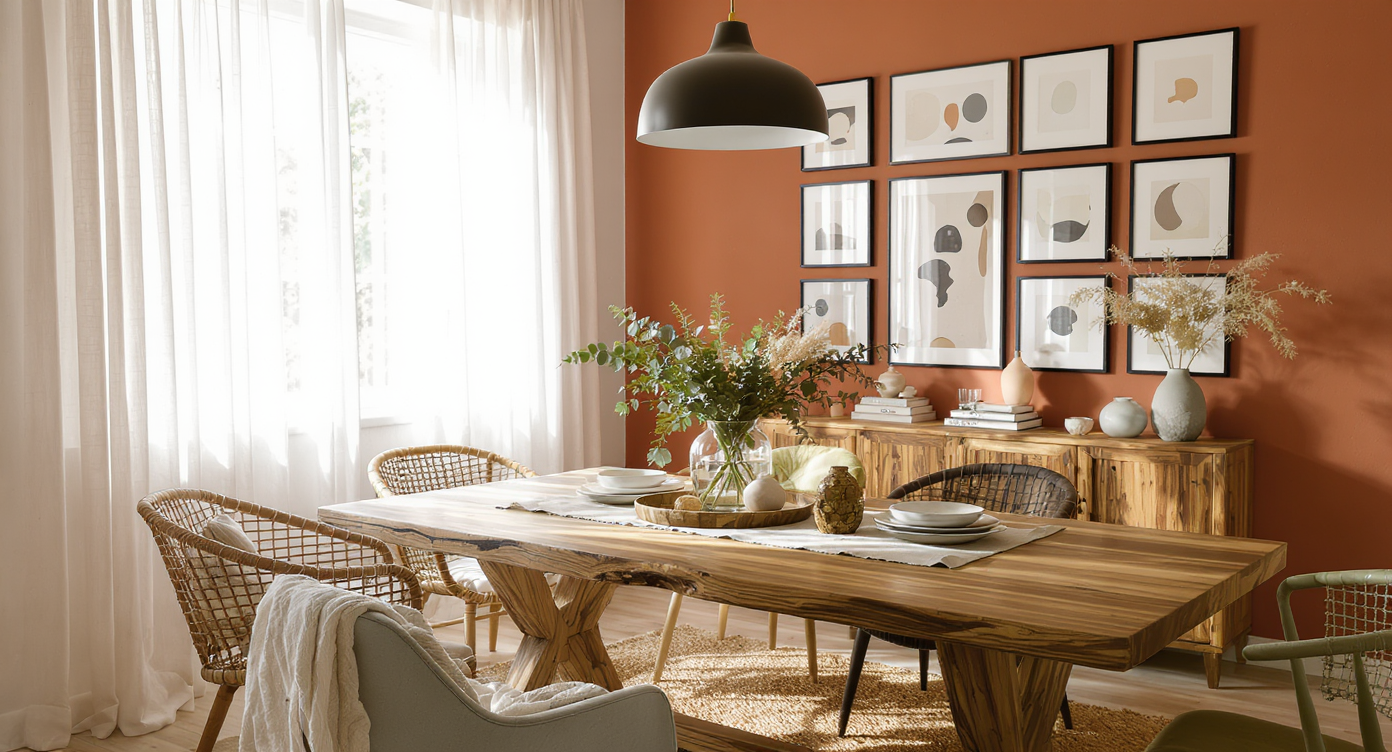 A bright, affordable dining room with repurposed decor, mismatched chairs, thrifted artwork, and natural lighting, showcasing creative transformation ideas.