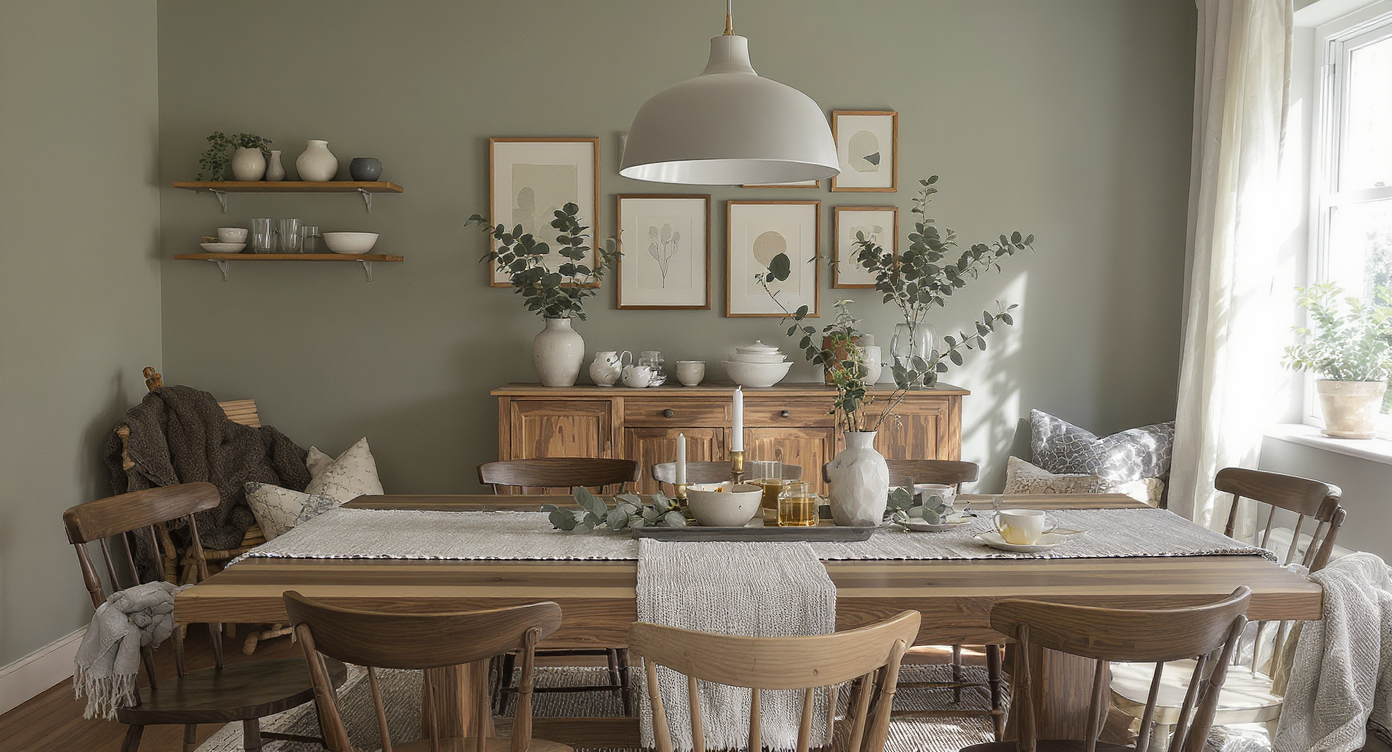 A refreshed dining room featuring a rearranged wood table, mixed chairs, gallery wall, and creative low-cost decor, seen in natural lighting.
