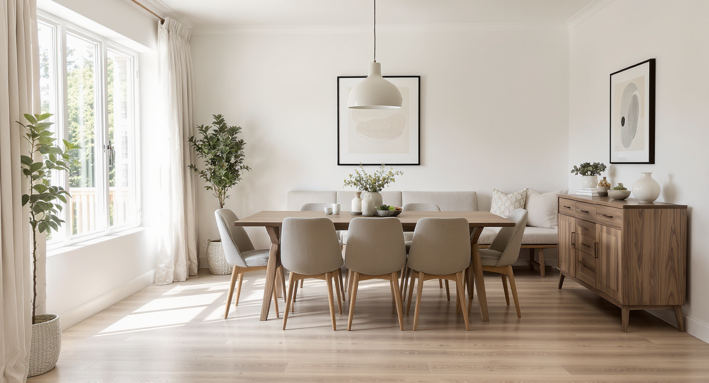 Photorealistic dining room with bench against longest wall, chairs around the table, and relocated sideboard, showing a refreshed layout.