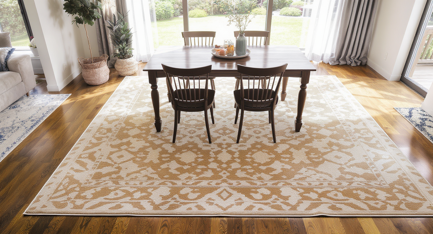 Dining room with a wooden table and chairs centered on a large, patterned rug extending beyond the chairs, defining the eating area.