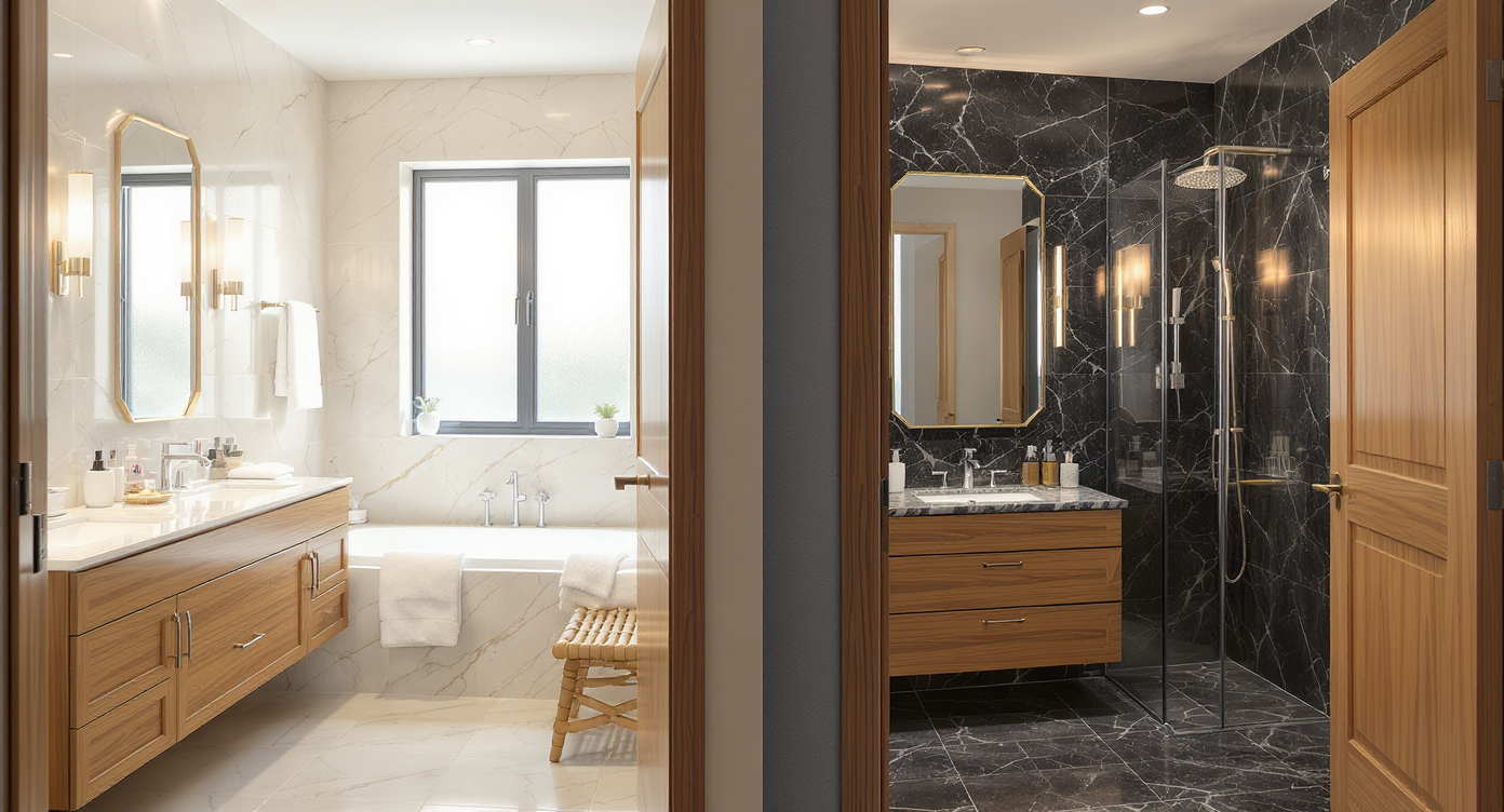 Two side-by-side luxury bathrooms, each personalized with unique finishes, grooming items, and serene layouts, shown in realistic daylight.