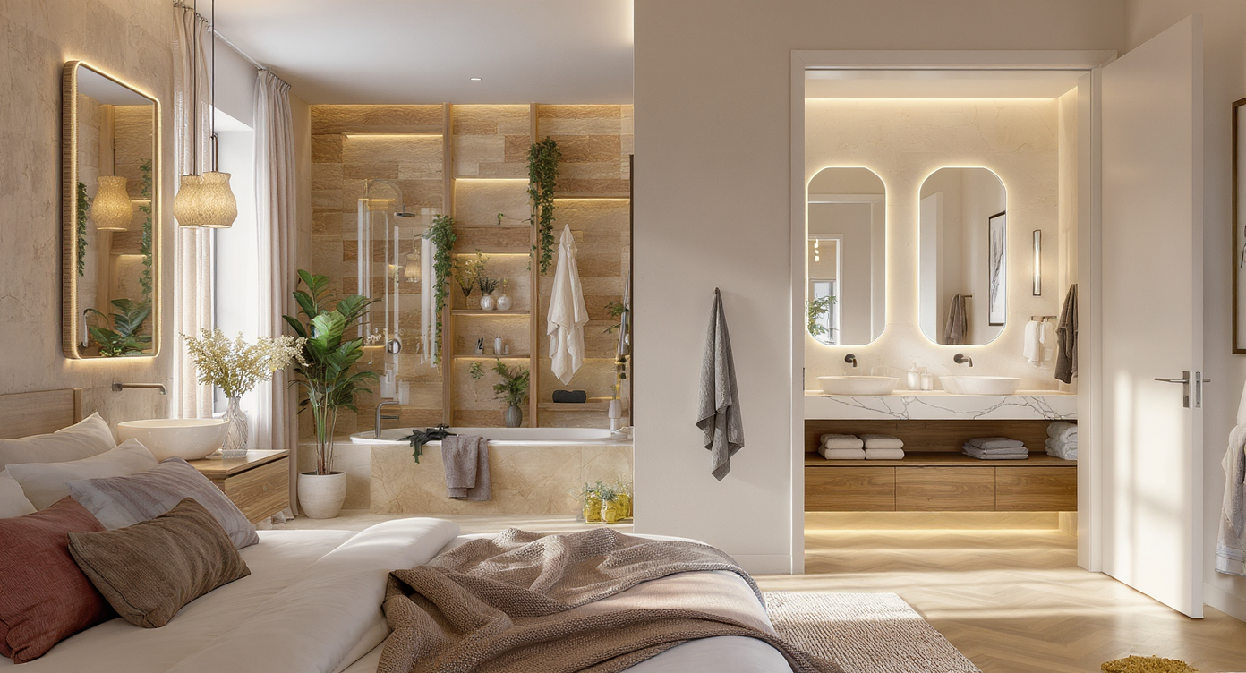 A sunlit luxury bedroom suite with two distinct bathrooms: one spa-like with stone, wood, and greenery, the other modern and organized with ample storage.