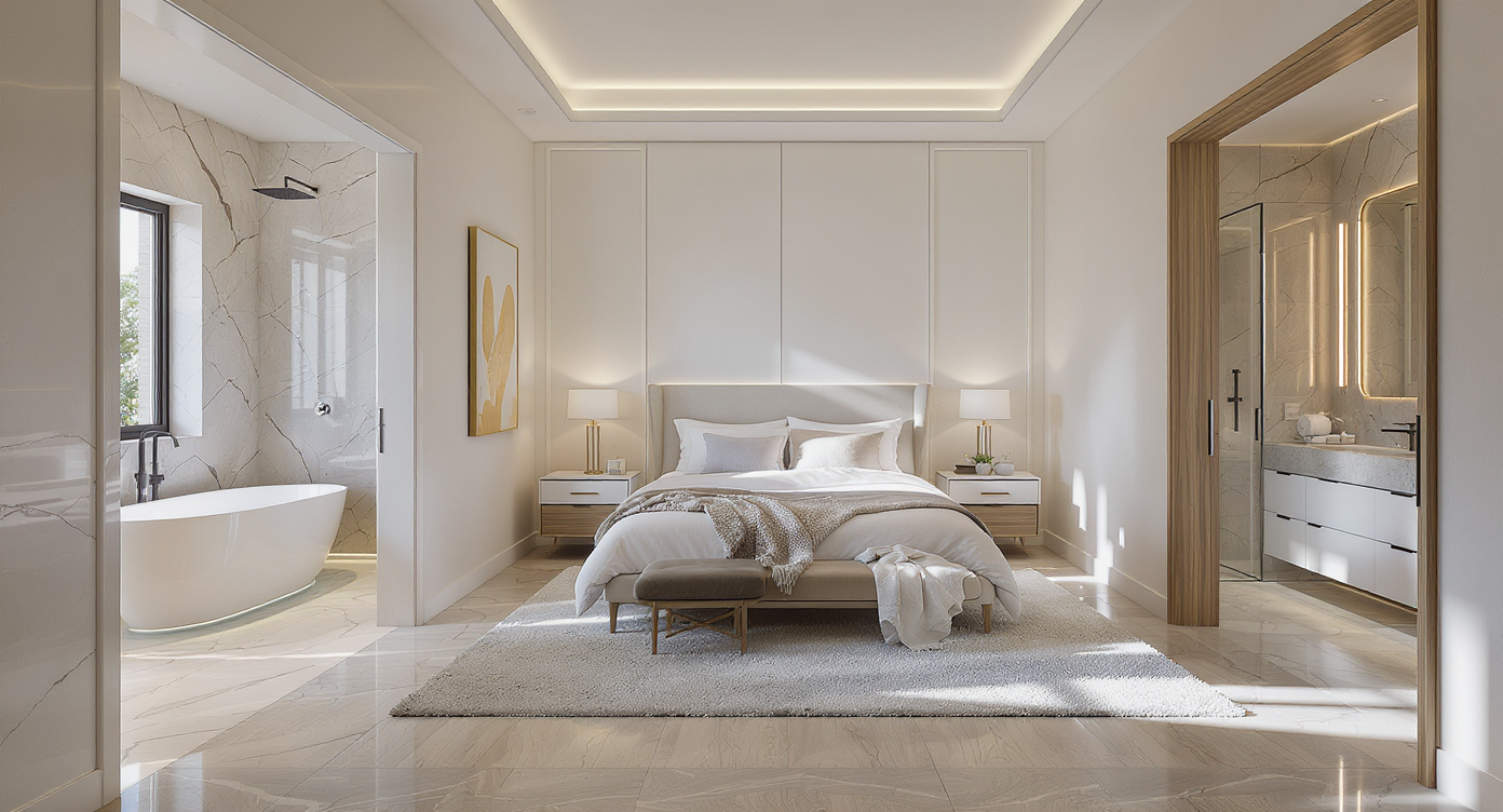 A spacious, modern luxury bedroom suite with two open doorways leading to separate, fully equipped ensuite bathrooms with high-end finishes.