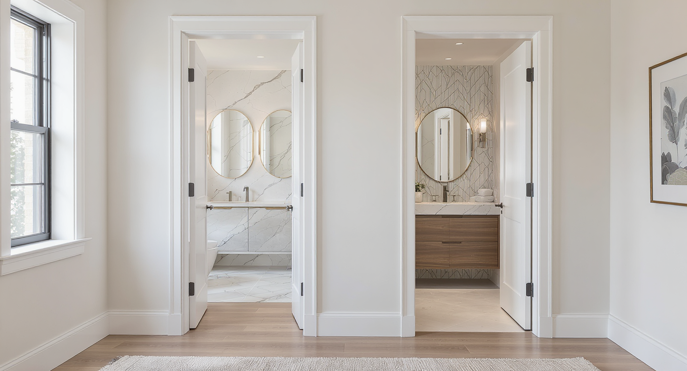 Modern primary suite corridor with two open bathroom doors—one full bathroom and one powder room—emphasizing customized space planning.