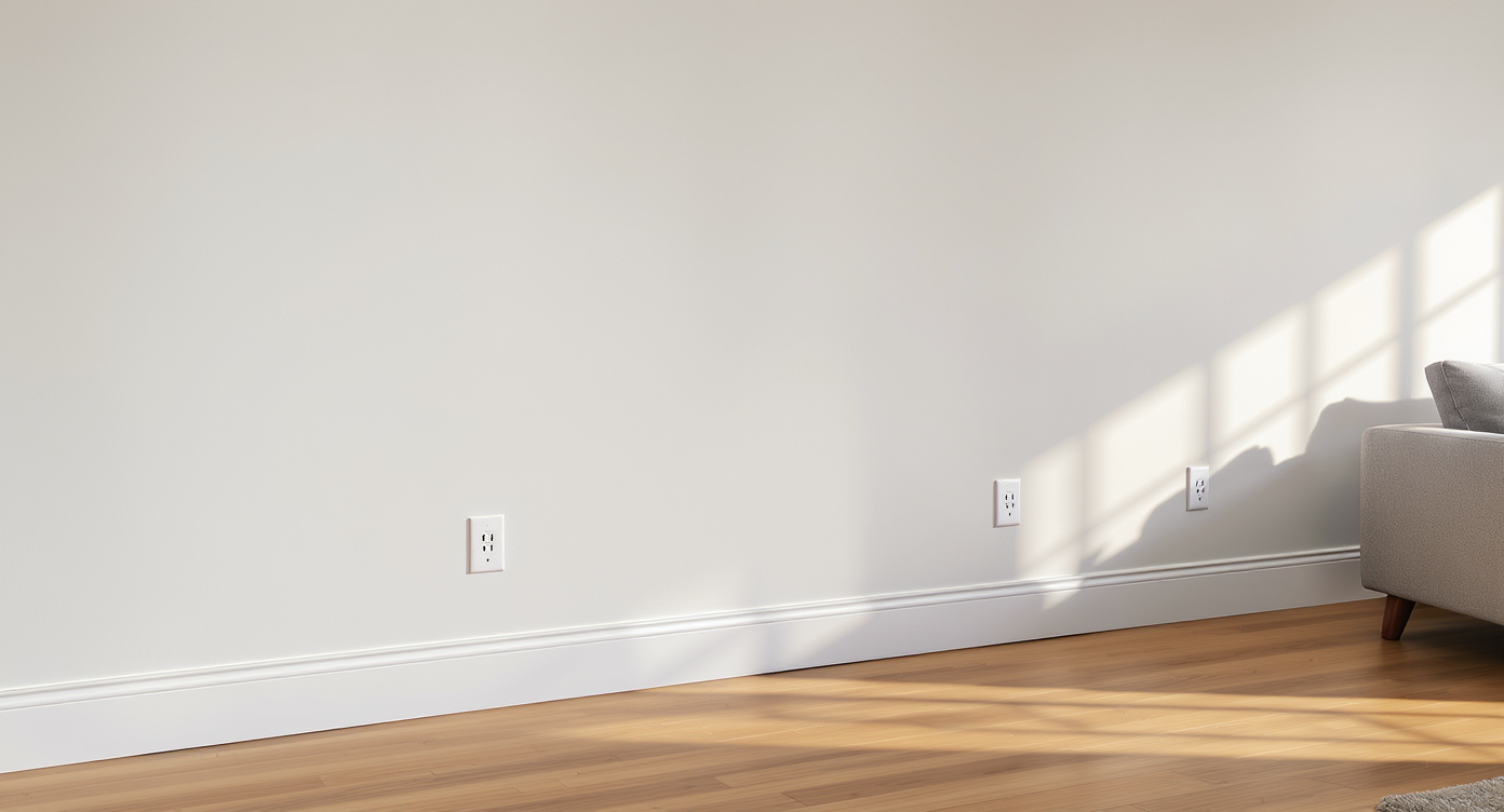 Ultra-realistic wide view of a modern living room featuring a long painted wall with multiple evenly spaced electrical outlets, daylight shadows, no people.