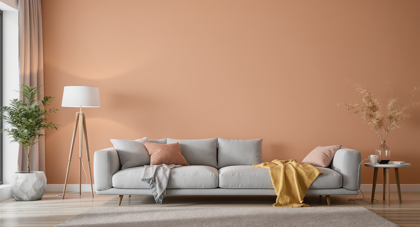 Long living room wall with limited, widely spaced outlets, contemporary furniture, cords stretched to reach sockets, all in natural daylight.