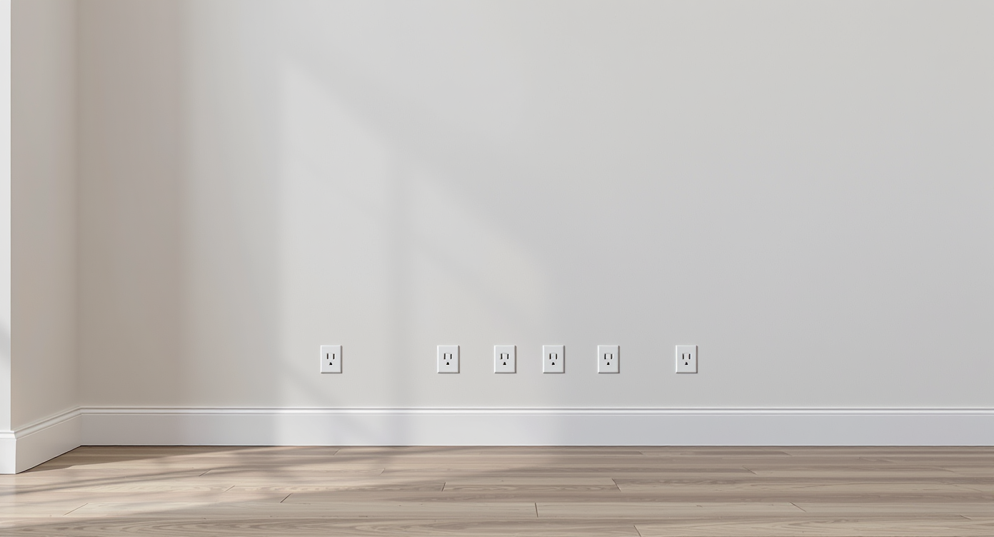A realistic living room wall with multiple electrical outlets powering a lamp, tablet at a homework desk, speaker, and decorative lighting.