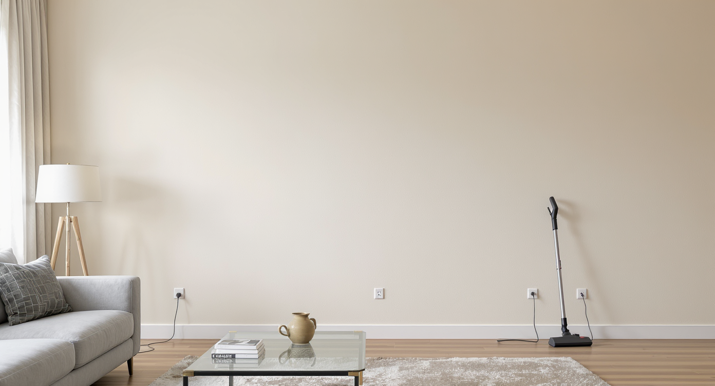 A long modern living room wall with two electrical outlets spaced per code, a lamp and vacuum plugged in, showing practical socket reach.