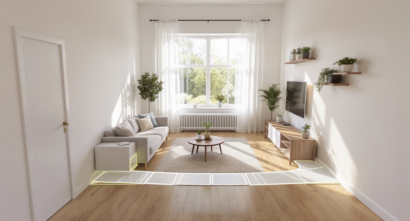 A photorealistic, oddly-shaped small living room with clear walkways, inward-placed sofa, wall-hugging desk, foldable dining table, and zoned areas.