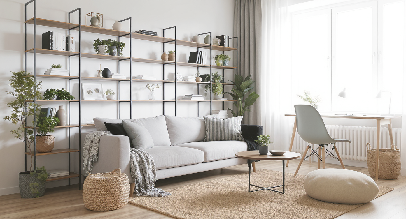 A small apartment living room uses slim, open-framed shelving behind a sofa to define lounge and work areas while allowing light to flow through.