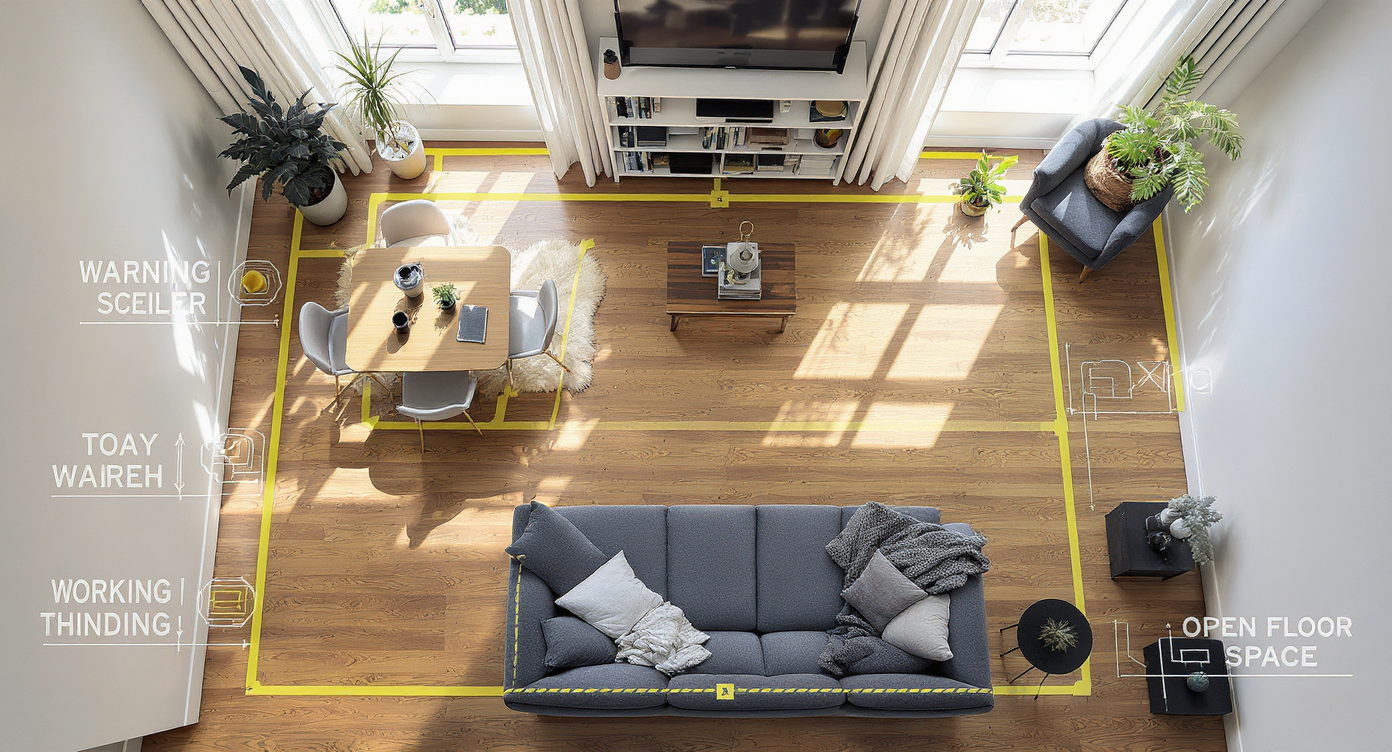 Overhead view of a small living room with taped floor zones for seating, dining, and work, modular furniture placed strategically, no people.