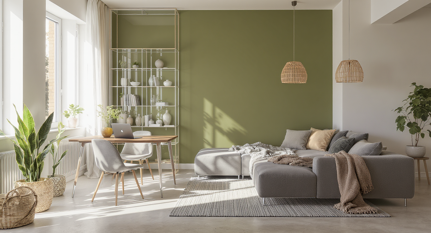 Photorealistic living room in a 50m2 apartment with angled walls, green accent wall, see-through shelving, cozy sofa nook, flexible dining table, and minimalist desk.