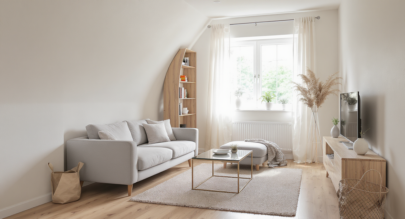 A compact living room with light-toned flexible furniture, slim storage, and glass and metal finishes, arranged to maximize flow and minimize clutter.