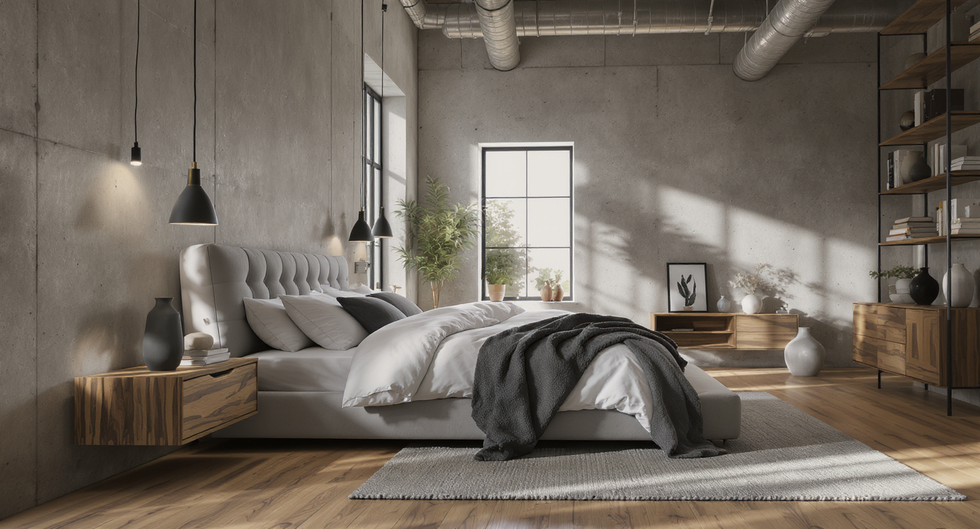 Photorealistic modern industrial bedroom with concrete wall, platform bed, black-framed windows, wood floors, and minimalist decor.
