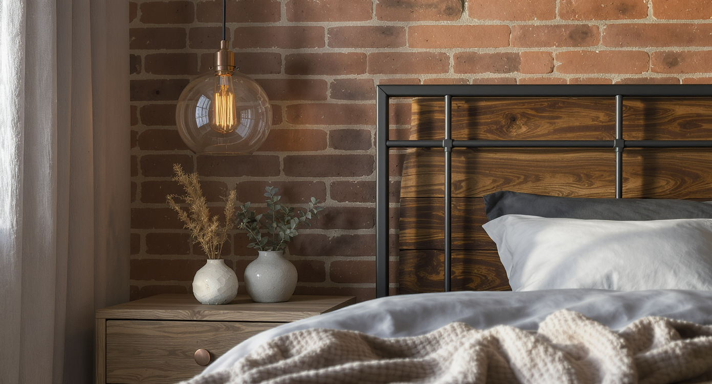 Close-up of a modern industrial bedroom corner showing a custom wood-and-metal headboard, copper-accented nightstand, glass pendant, and artisanal textiles.