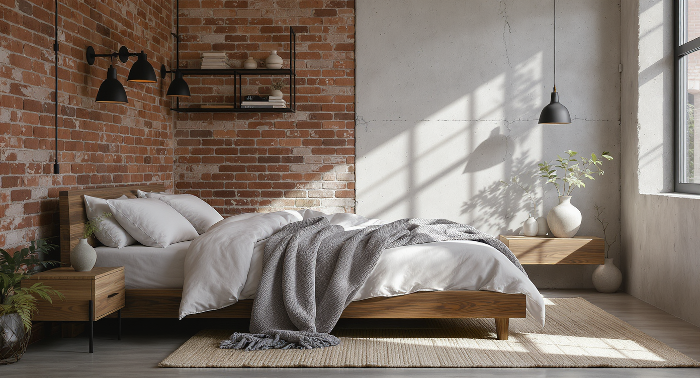 An industrial bedroom combining exposed brick, concrete, matte black accents, and wood, with linen bedding and soft wool textiles for balanced warmth.