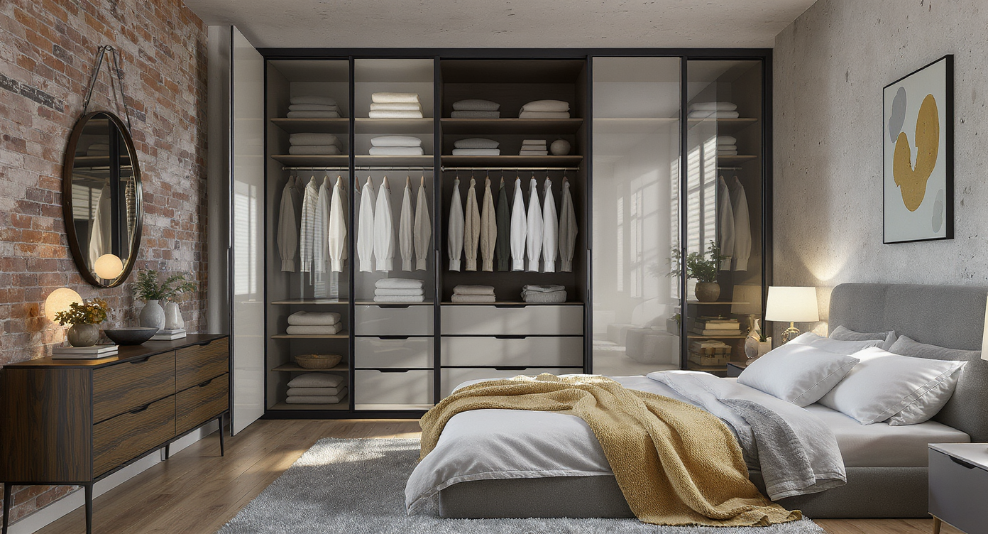 Modern industrial bedroom with an open wardrobe partially hidden by glass screens, contrasting exposed storage with organized, luxe minimalism.